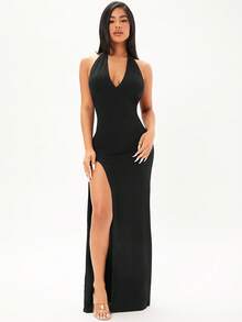 SHEIN SXY Prom Dress;Beach;Tie Backless Split Thigh Halter Dress - Black - View 4
