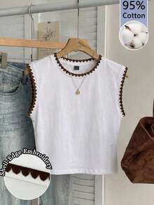 Siren Gaze Áo tank top nữ màu trắng trơn, chất liệu 95% cotton, viền chỉ màu nâu - Thanh lịch và tinh tế, hoàn hảo cho công sở, đi làm, hẹn hò, lễ hội miền Tây, trang phục thường ngày mùa xuân và hè, thoáng khí, phong cách đường phố retro Y2K, thích hợp cho câu lạc bộ, phòng tập, lễ hội âm nhạc và trang phục hàng ngày. - Nhiều màu - Xem 7