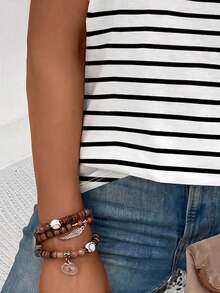 EMERY ROSE Plus Size Casual Retro Striped Heart Print V-Neck Cuffed Sleeve T-Shirt - Multicolor - View 3