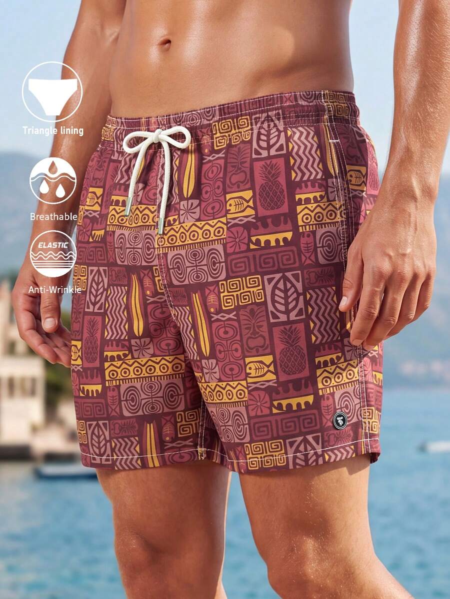 Manfinity Swimmode 男士几何印花抽绳腰带口袋休闲沙滩短裤 - 棕色 - 查看 1