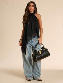 SHEIN BAE Áo không tay cổ yếm bằng satin đen với tua rua, vạt áo bất đối xứng, trang phục gợi cảm, thanh lịch cho buổi hẹn hò đêm xuân/hè. - màu đen - Xem 6
