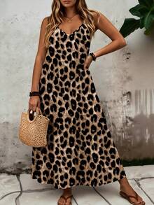 EMERY ROSE Plus Size Classic Leopard Print V Neck Spaghetti Strap Loose Flowy A-Line Maxi Dress Women Boho Beach Vacation Sundress - Multicolor - View 5