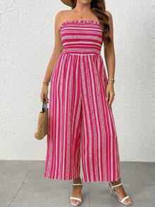 SHEIN Clasi Mono informal de vacaciones sin tirantes con pierna ancha, ajuste ceñido para mujer - Rosa - Ver 1