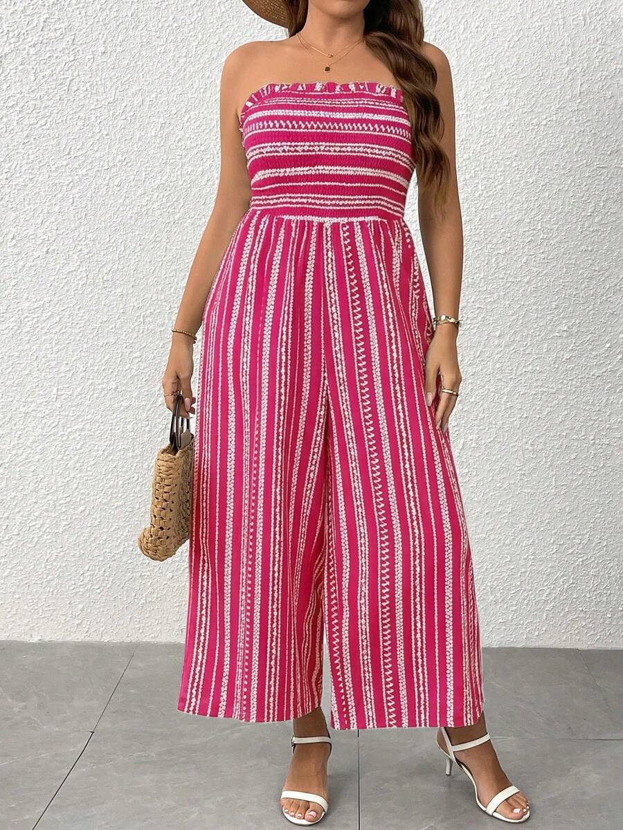 SHEIN Clasi Mono informal de vacaciones sin tirantes con pierna ancha, ajuste ceñido para mujer - Rosa - Ver 1