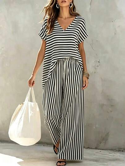 Breezaya 2 piezas Conjunto casual de verano elegante de mujer a rayas en blanco y negro, ropa para vacaciones/días festivos