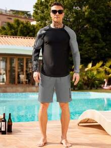 Manfinity KASUA 2pcs/Set Men's Contrast Color Raglan Sleeve Top & Shorts Swimsuit, Hawaiian, Holiday - Multicolor - View 3