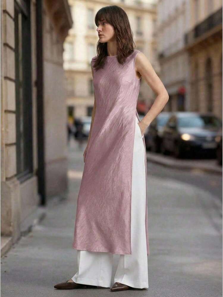 Women's Wrinkle-Effect Satin Poplin Fabric Small Collar Off Shoulder Round Neck Shoulder Seam Open Design Side High Slit Sleeveless Long Top, Urban Commute Business Casual Elegant Blouse, Suitable For Holiday, Party, Wedding Guest, Summer,Summer Top Long Dress For Women Casual Dress For Women New Arrival Dress For Women All-Season Versatile Modern Urban Fashion Business Casual Women's Wear Office Attire Understated Old-Money Style, Elegant And Sophisticated, High-Quality Commuter And Airport Clo