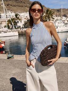 Nöista Vertical Red And White Stripes Sleeveless Top Features With A Side Knot Closures And A Mao Neckline, Backside Adjustable Straps. Everyday Look, Spring, Summer, Easter, Beach. - Baby Blue - View 5