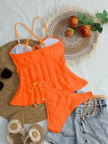Swim Mod Women's Solid Apricot Textured Fabric Beaded Decor Camisole & Bikini Set, Suitable For Summer Beach & Vacation - Orange - View 2