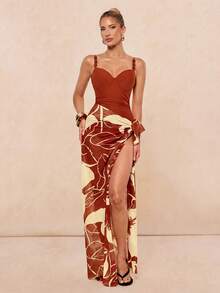 Lumalex Floral Print Amber Bead Decor Long Skirt, Fashionable Sexy Beach Swimwear Two Pieces Set Summer Vacation Bikini Bathing Suits - Multicolor - View 4