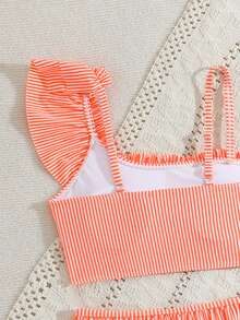 Bộ bikini cho bé gái tuổi teen, sọc xanh trắng, kiểu dáng dễ thương, bèo nhún, bất đối xứng vai, dây đeo có thể điều chỉnh, viền bèo nhún, kiểu tam giác, hai mảnh. - trái cam - Xem 5