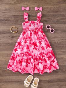 Emery Rose Kids Emery Rose Kids 女童雪纺碎花方领荷叶边下摆休闲连衣裙 - 粉色 - 查看 2