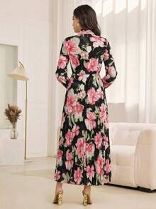 Modelyn Ruffled Tie Collar Pleated Floral Print Dress - Black - View 3
