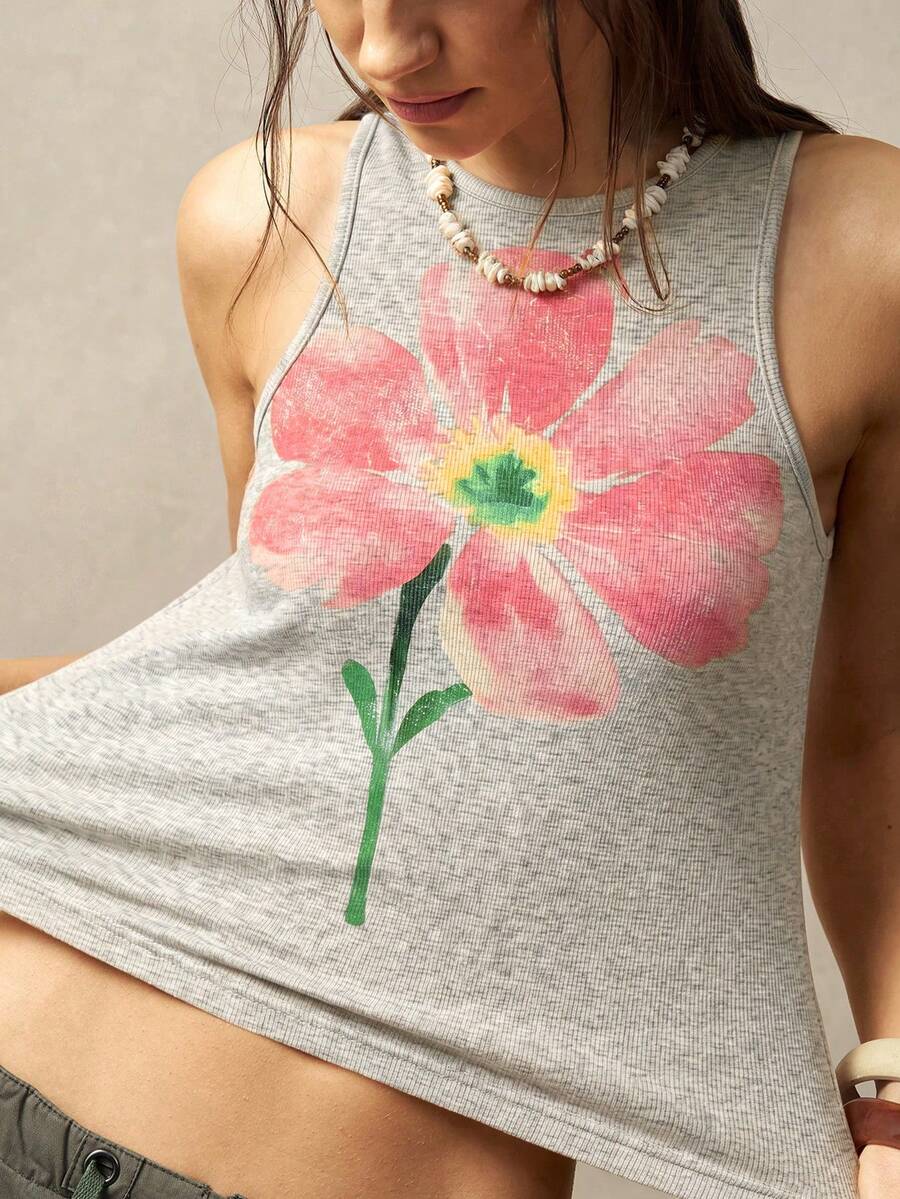 Bohemela Áo tank top nữ dáng ôm, màu trơn, họa tiết hoa, phong cách boho, thường ngày, thích hợp cho kỳ nghỉ. - Xám - Xem 1