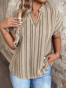 EMERY ROSE Plus Size Woven Printed Summer Women's Shirt For Vacation - Apricot - View 5