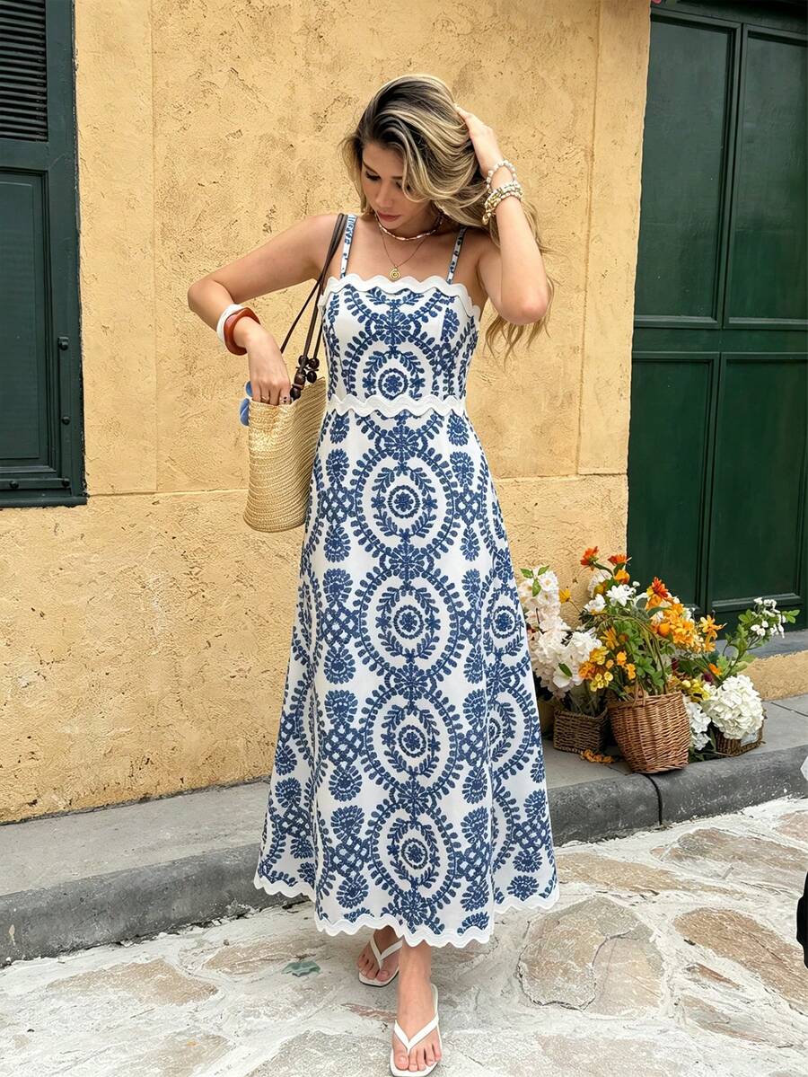 Women's Casual Vacation All-Over Print Spaghetti Strap Dress, Summer - Blue - View 1