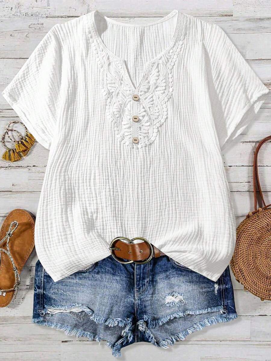 Women's Casual Floral Print Short Sleeve Blouse - White - View 1