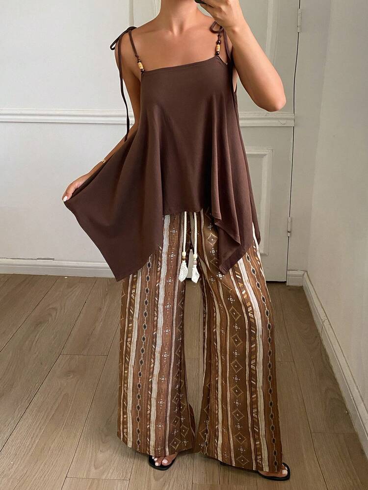 Women's Casual Vacation Style Camisole Top And Straight Leg Pants 2 Pieces Set, Spring/Summer