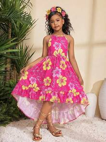 SHEIN Sparklyn 少女夏季海滩度假印花露背收腰连衣裙 - 玫紅色 - 查看 2