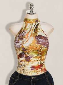 SHEIN ICON Plus Size Y2K 90s Summer Going Out Vacation Boho Western Country Concert Women's Sexy Backless Floral Print Halter Neck Top, Summer Beige - Yellow - View 6