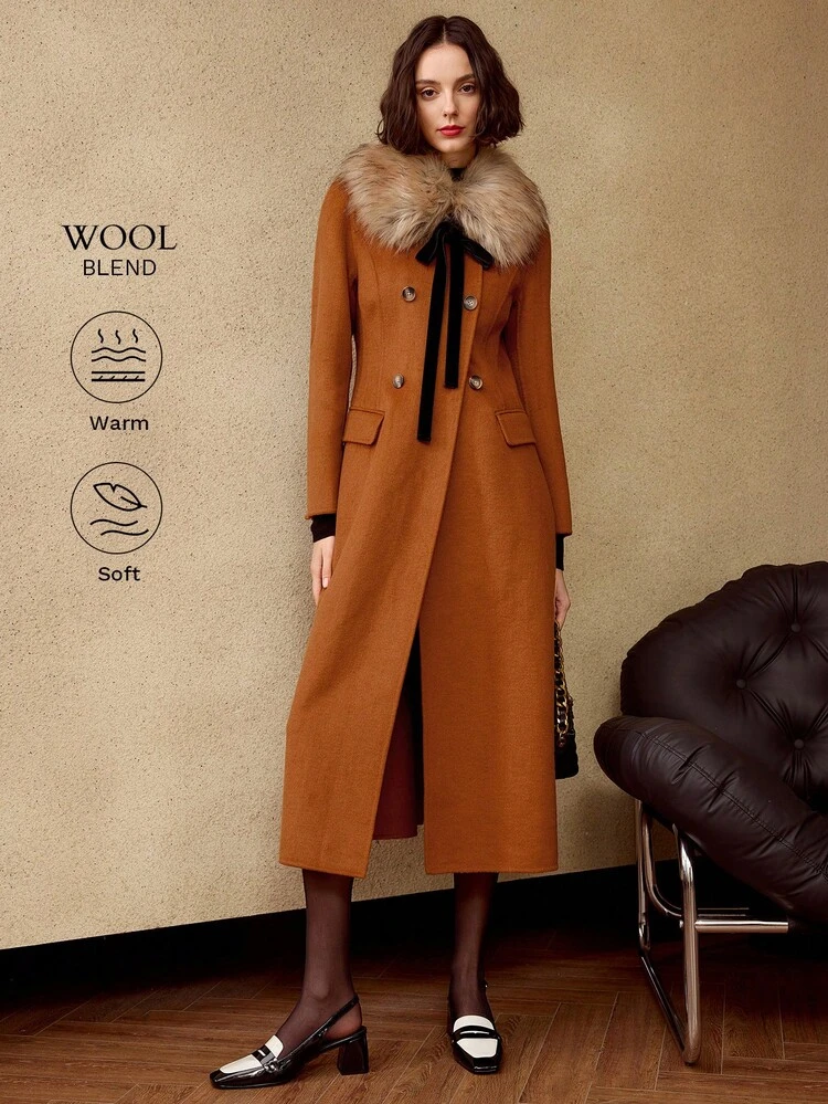 WOOL BLEND FLUFFY COLLAR TIE NECK PEA OVERCOAT