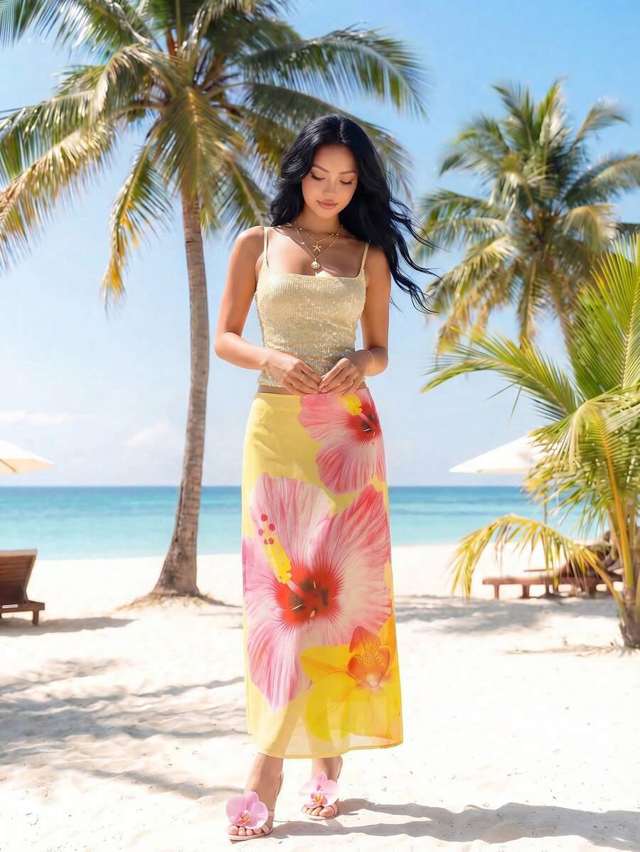 Sweetina Chân váy ngắn cạp thấp in hoa dành cho nữ, thích hợp cho kỳ nghỉ. - Màu vàng - Xem 1