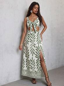 Bộ trang phục đi nghỉ mát gợi cảm dành cho nữ, áo croptop hai dây buộc phía trước và chân váy xẻ tà in hoa, thích hợp cho mùa xuân/hè. - Nhiều màu - Xem 3
