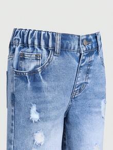 SHEIN Casuvi Kids 男童夏季新款时尚做旧百搭宽松直筒舒适牛仔短裤，适合日常、度假、上学、节日及休闲户外穿着 - 中等水洗藍 - 查看 8