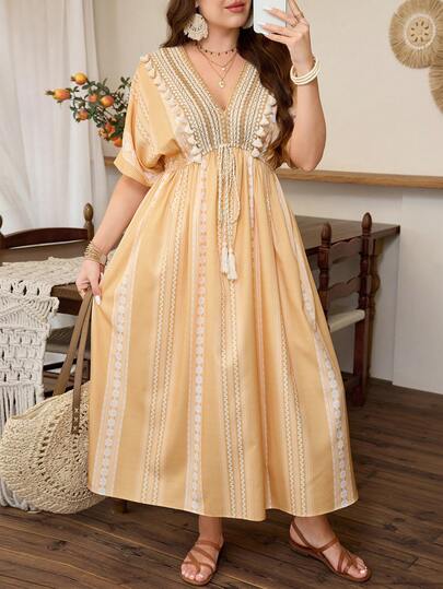Lacomfia Plus Size Women's Elegant Deep V-Neck Romantic Vacation Style Fashionable Elegant Sleeveless Dress, Summer