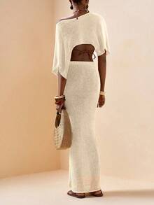 Zivah New Elegant Casual Resort Light Brown Knitted Beach Cover-Up Set - Apricot - View 3