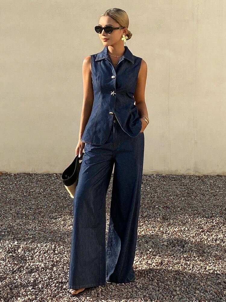 Women's Casual Denim Vest And Pants Set, Summer