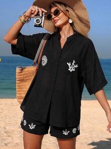 Swim Chiccia 女士沙滩度假休闲短袖纽扣衬衫 - 黑與白 - 查看 8