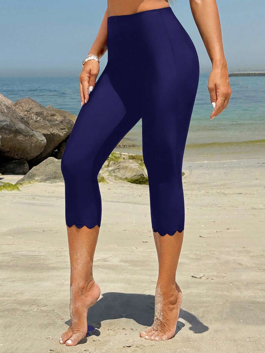 Swim Mulvari Conservative Casual Middle Eastern Style Floral Trim Swim Bottom Holiday Holiday Pool Party Navy Blue Summer