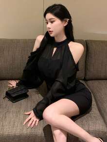 DAZY Women's Mini Dress For Back To School Sheer,Fall Dress Long Sleeve Dress - Black - View 5