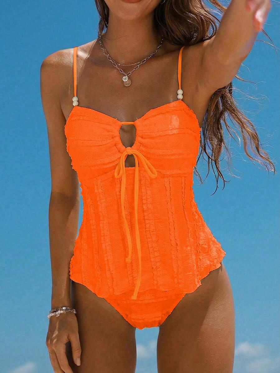 Swim Mod Women's Solid Apricot Textured Fabric Beaded Decor Camisole & Bikini Set, Suitable For Summer Beach & Vacation - Orange - View 1