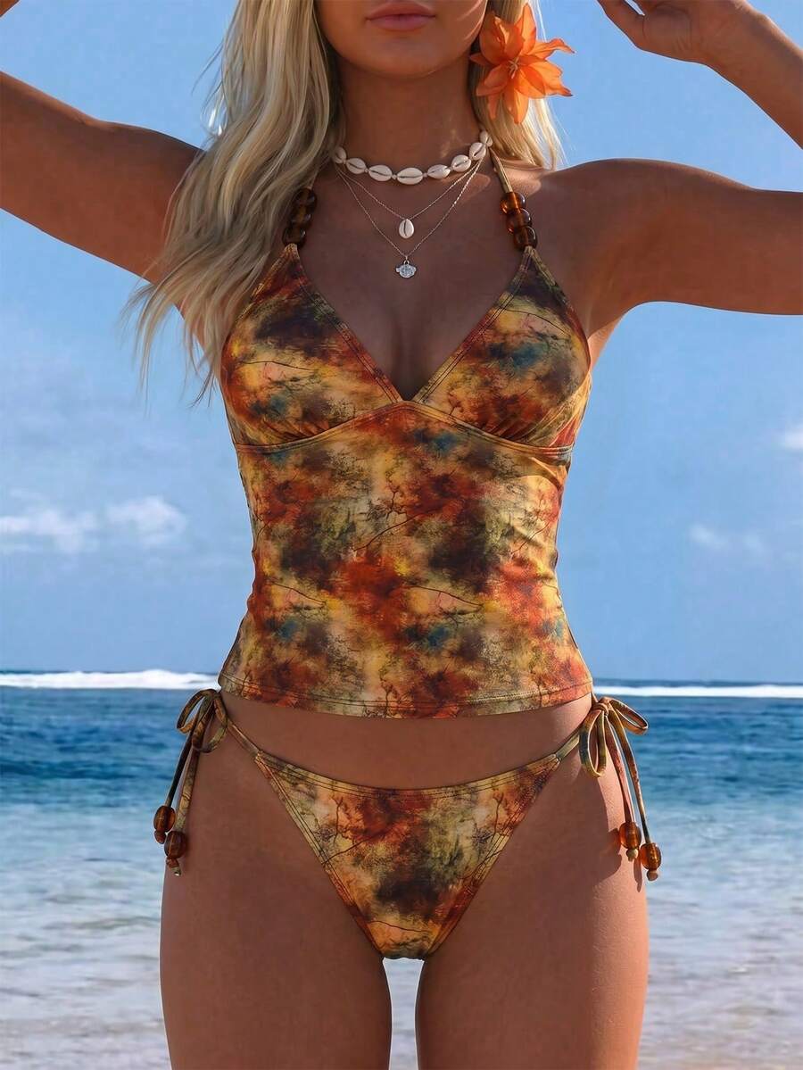 Swim Vcay Bộ bikini hai mảnh in họa tiết tie-dye dành cho nữ, thích hợp mặc đi biển mùa hè, với dây đeo cổ đính hạt. - Nhiều màu - Xem 1