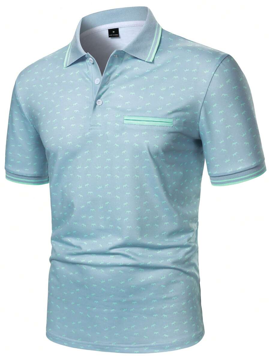 Calvornis Men's Casual All-Over Print Quarter Button Formal Polo Shirt, Ceremony - Baby Blue - View 1
