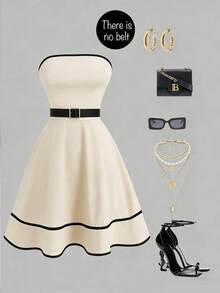 Franclia Women's Fashionable Elegant Contrast Color Trim Strapless Dress, No Belt - Apricot - View 5