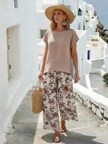 EMERY ROSE Conjunto informal de vacaciones para mujer con blusa de manga de murciélago de unicolor holgada y pantalones de pierna ancha con estampado botánico, primavera/verano - Multicolor - Ver 3