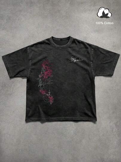 Manfinity EMRG Men's Summer Casual Grey Gray Black Red Burgundy Wine Higanbana Spider Lily Lycoris Radiata Red Flower Floral Botanical Japanese Style Cross Crucifix Pearl Chain Rosary Cursive Script Letter Font Graphic Print T-Shirt Acid Wash Vintage Streetwear Goth Gothic Dark Style Y2K 2000s Style Hip Hop Men's Vintage Street Style Black Short Sleeve T-Shirt, Dark Red Floral Vine Print Gothic Casual Tee, Spring Holiday Gothic Distressed Black Tee With Dark Red Botanical Print, Retro American Street Style Top