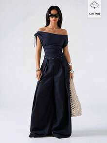 LYSMO Navy Blue Off-Shoulder Ruched Waist Women T-Shirt - Navy Blue - View 3