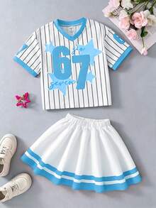 SHEIN 儿童67数字字母印花T恤和裙子两件套 - 可爱的67岁生日派对服装，男女童短袖圆领上衣和裙子，休闲日常时尚街头服饰 - 藍色 - 查看 3
