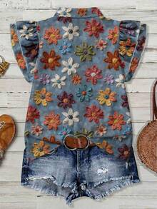 EMERY ROSE Plus Size Women Crayon Floral Print Shirt, Suitable For Vacation - Multicolor - View 2
