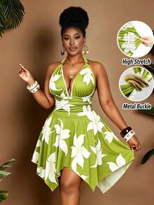 Maweii Plus Size Women Floral Print Deep V-Neck Vacation Dress - Multicolor - View 3
