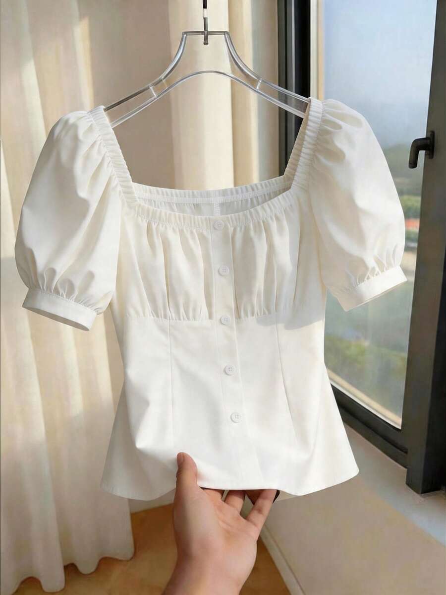 Franclia Women's Solid Color Square Neck Petal Sleeve Elegant Summer Versatile Plus Size Blouse - White - View 1