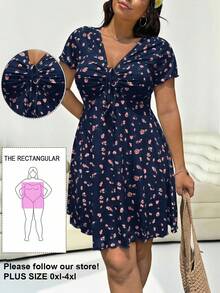 Solflare Plus Size Multicolor Ditsy Floral Casual Dress For Women - Navy Blue - View 1