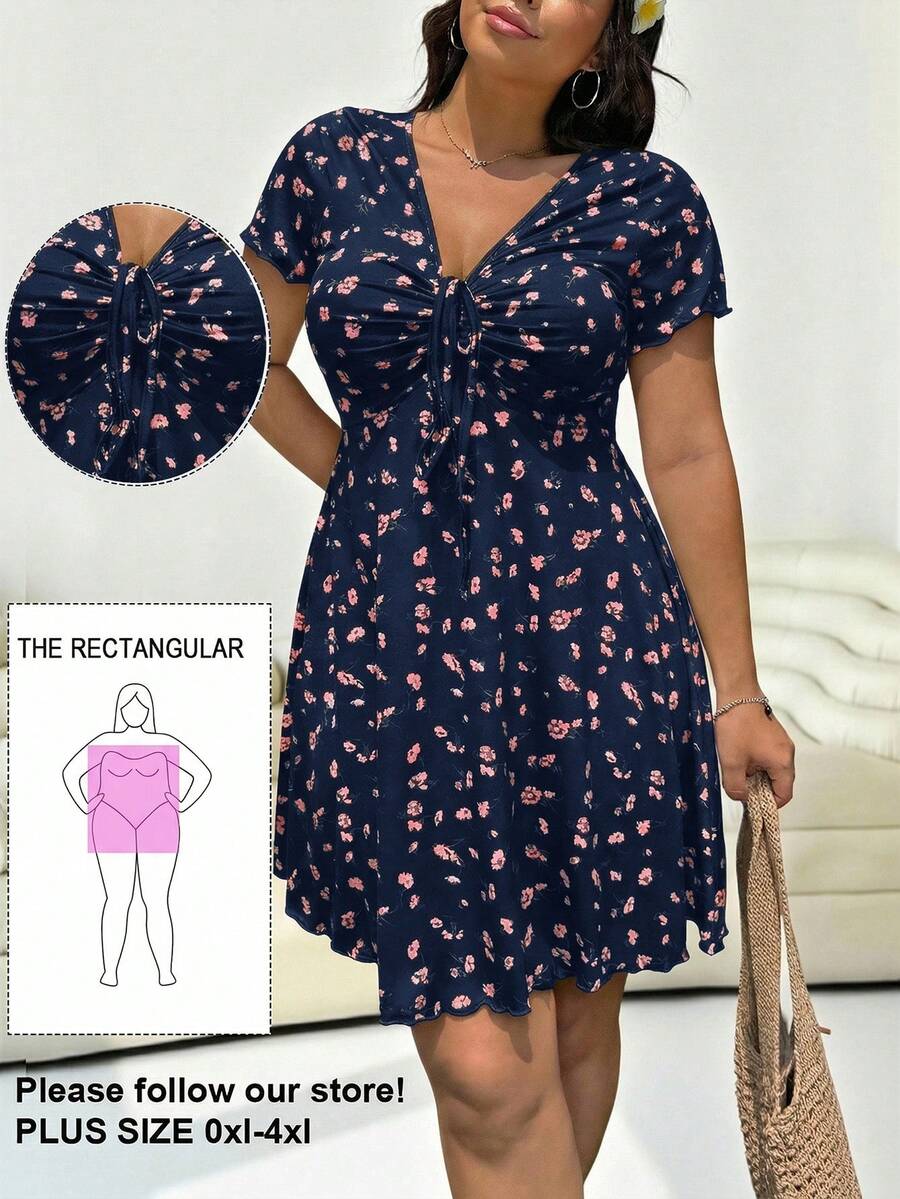 Solflare Plus Size Multicolor Ditsy Floral Casual Dress For Women - Navy Blue - View 1