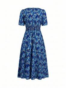Ellevyn Round Neck Cinched Waist Sundress, Romantic Vacation Dress - Blue - View 3