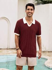 Mercer Haus Men's Contrast Color Short Sleeve Knitted Cable Textured Polo Shirt - Red Violet - View 5
