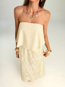 Firerie Vestido de playa elegante y romántico para mujer, vestido casual suelto sin tirantes de color blanco y albaricoque, adecuado para la playa, vacaciones, citas, fiestas, bodas, atuendo de verano - Blanco - Ver 10